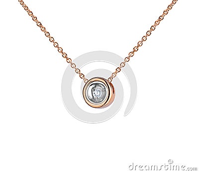 Rose gold pendant with huge diamond, round shape, golden chain, isolated on white Stock Photo