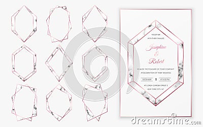 Rose gold polygonal crystal frames with trendy marble texture. Vector Illustration