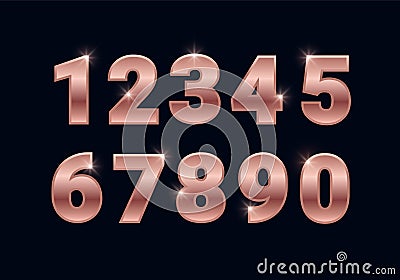 Rose gold shiny numbers set, metal font signs isolated on black background. Luxury fashion pink golden typography design for Vector Illustration