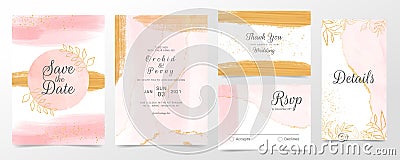 Rose gold wedding invitation cards template set. Abstract watercolor background of pink brush stroke splash Vector Illustration