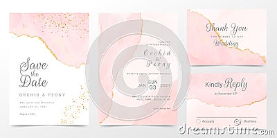 Rose gold wedding invitation cards template set. Artistic watercolor background of pink brush stroke splash. Abstract foil design Vector Illustration