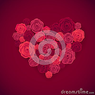 Rose Heart on Red Background. Happy Valentines Day Card. Wedding Poster Vector Illustration