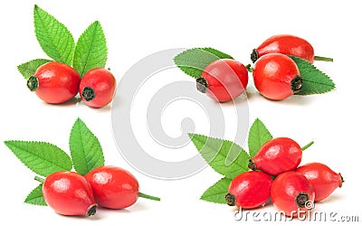 rose hip berry with leaf isolated on white background. Set or co Stock Photo