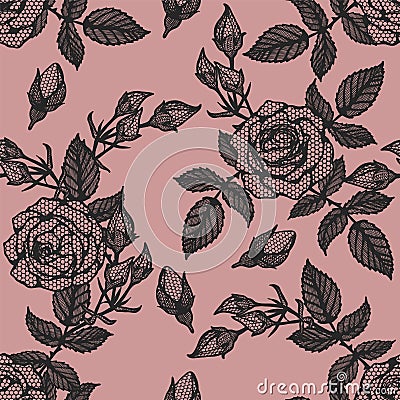 Rose lace seamless pattern by hand drawing. Vector Illustration