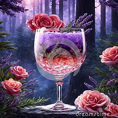 This cocktail is the perfect blend of sweet and floral. The rose and lavender flavors are infused throughout each layer, Stock Photo
