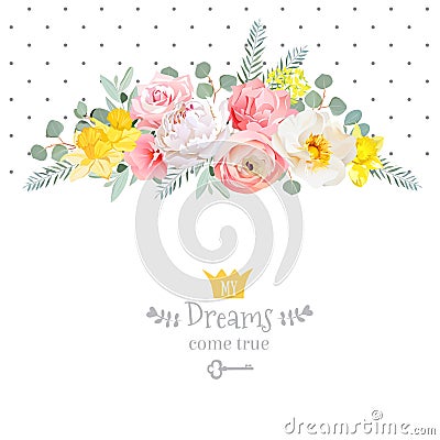 Rose, narcissus, pink flowers, ranunculus and decorative eucaliptus leaves vector design card. Vector Illustration