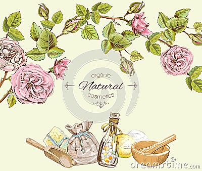 Rose natural cosmetic round frame. Design for cosmetics beauty salon, natural and organic products. Vector Illustration