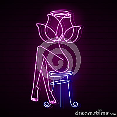 Rose neon glowing on dark background of vector Cartoon Illustration