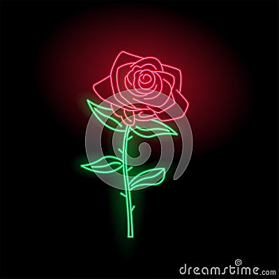 Rose neon logo. Glow in the dark. Nature theme season. Party night club. Vector Illustration