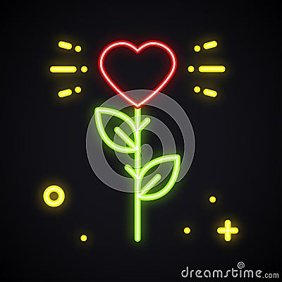Rose neon sign. Bright flower with heart shape in the dark. Love light symbol. Girl, night club, party, tattoo theme. Vector Illustration