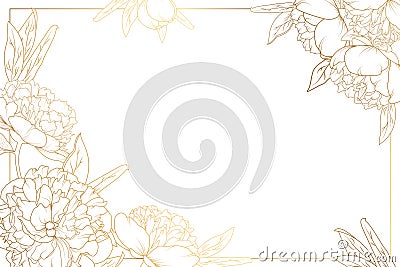 Rose peony border frame decorated corners golden Vector Illustration