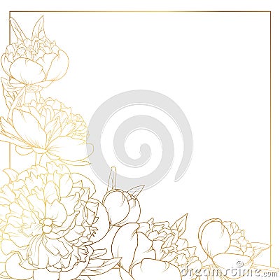 Rose peony flowers border frame corner bright gold Vector Illustration