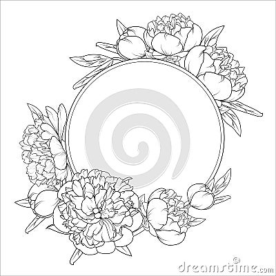 Rose peony flowers roung wreath frame template Vector Illustration