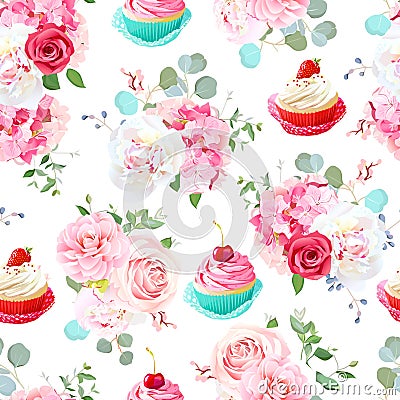 Rose, peony, hydrangea, camellia, tasty cupcakes seamless vector Vector Illustration