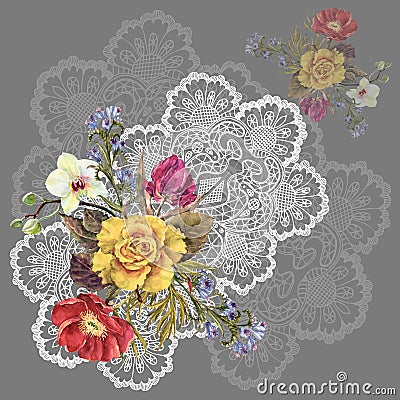 Watercolor Bouquet Flowers on a Napkin. Handiwork Illustration on a Gray Background. Stock Photo