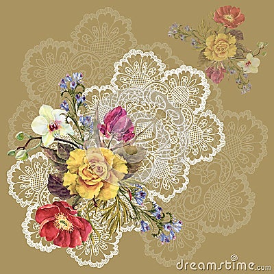 Watercolor Bouquet Flowers on a Napkin. Handiwork Illustration on a Brown Background. Stock Photo