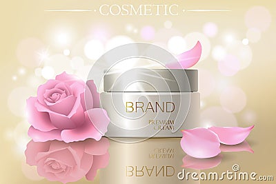 Rose petal flower extract cosmetic ads template, realistic 3D illustration skincare moisturizing mockup elegant glow Vector Illustration