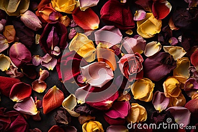 Rose petals background, white, pink, red, yellow petals, romantic background, Stock Photo