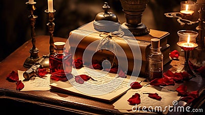 Rose petals on the desk of a Romantic lover Stock Photo