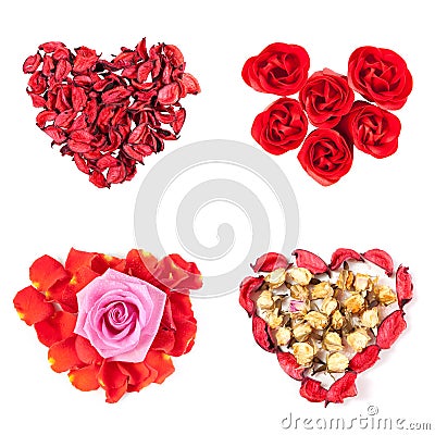 Rose petals, folded in the shape of a heart, symbol of love and Valentine`s Day Stock Photo