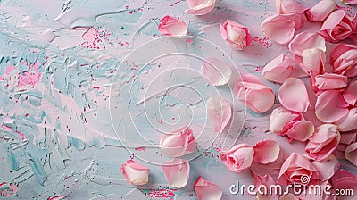 Rose petals scattered on the painted surface. Flatlay. Insertion space Stock Photo