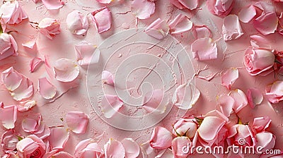 Rose petals scattered on the painted surface. Flatlay. Insertion space Stock Photo