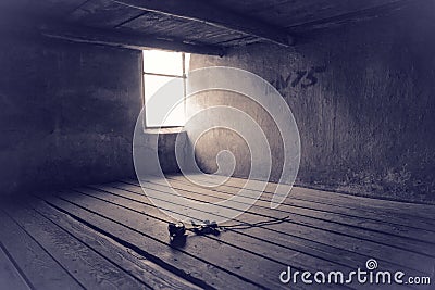 A rose on a prison bed. Prison bed in a barrack in the Auschwitz - Birkenau concentration camp. Death barrack, death block Editorial Stock Photo