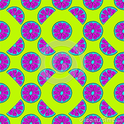 Rose psychedelic Citrus. Fruit pattern of rose citrus on a green-lime background. Vector Illustration