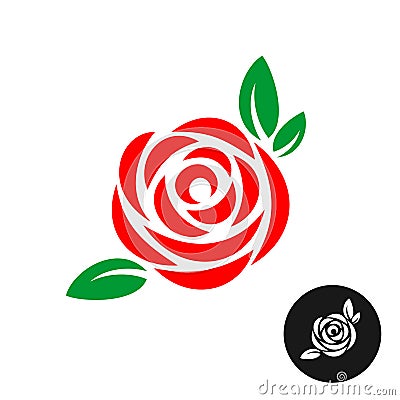 Rose red flower with green leaves logo Vector Illustration