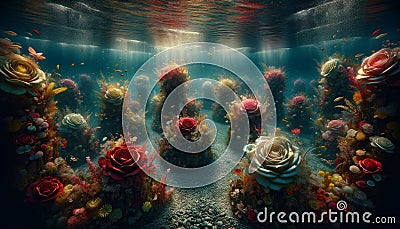 Rose Reef: AI Generated Coral Garden Blooms Beneath the Waves Stock Photo