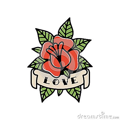 ROSE AND RIBBON LOVE TRADITIONAL TATTOO COLOR Vector Illustration