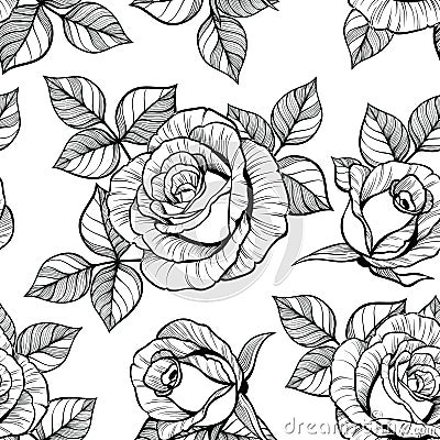 Rose seamless pattern. Isolated black line art Vector Illustration