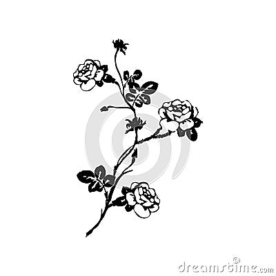 Rose silhouettes, spring buds vector characters. Black rose with leaf, nature flower roses illustration. Vector Illustration