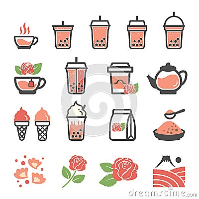 Rose tea icon set - Bubble Milk tea Vector Illustration