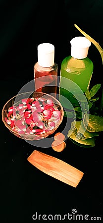 Rose water, Aloe vera gel ,pieces of Turmeric and Sandalwood. Stock Photo