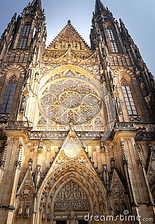 View of the rose window in the St Vitus Cathedral, in Prague Stock Photo