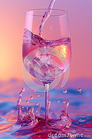Rose wine pouring in glass, holographic, glowing neon lights color aesthetics. Drops and splashes of liquid around the wineglass. Stock Photo