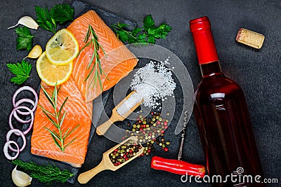 Rose Wine with Salmon Fish Fillet Stock Photo