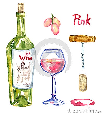 Rose (pink) wine bottle, wineglass, grapes, corkscrew, cork and stain, isolated set Cartoon Illustration