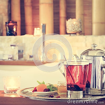 Rosehip tea near jacuzzi. Valentines background. Romance concept Stock Photo