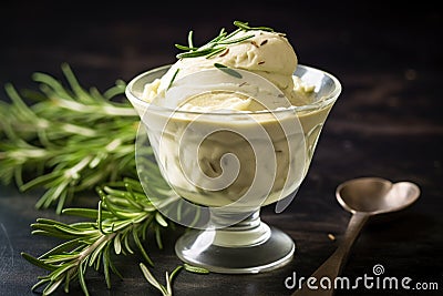 rosemary infusion ice cream in a glass cup with fresh rosemary twigs on the side Stock Photo