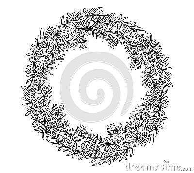 Rosemary wreath hand drawn, isolated. Beautiful circle frame, template with place for lettering in black with white color. Vector Vector Illustration