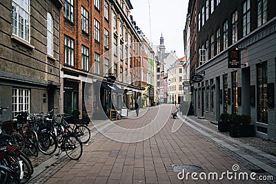 RosengÃ¥rden, a narrow street in Copenhagen, Denmark. Editorial Stock Photo