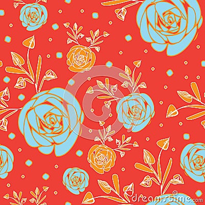 Roses Abstract-Flowers in Bloom seamless repeat pattern Background in orange and blue Vector Illustration