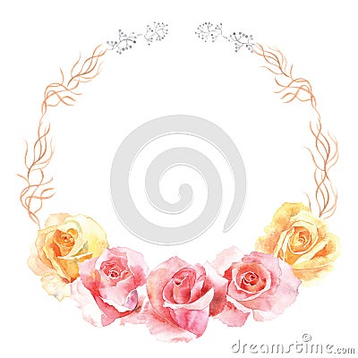 Roses in bloom watercolor decoration wreath Cartoon Illustration