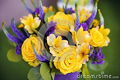 Roses bouquet of flower gift close up, yellow violet color. View Stock Photo