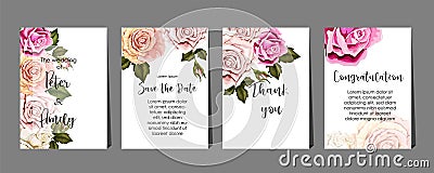 Roses on cards set,wedding,greeting,invitation,birthday,congratulation Vector Illustration