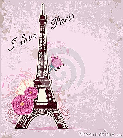 Roses and Eiffel tower Vector Illustration