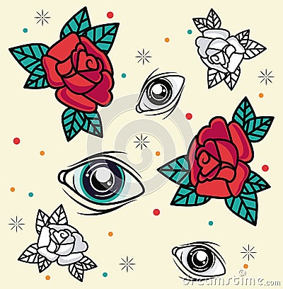 Roses and eyes tattoo studio graphic Vector Illustration