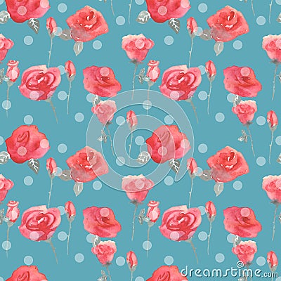 Roses flowers and buds pink blue vintage seamless pattern background Stock Photo